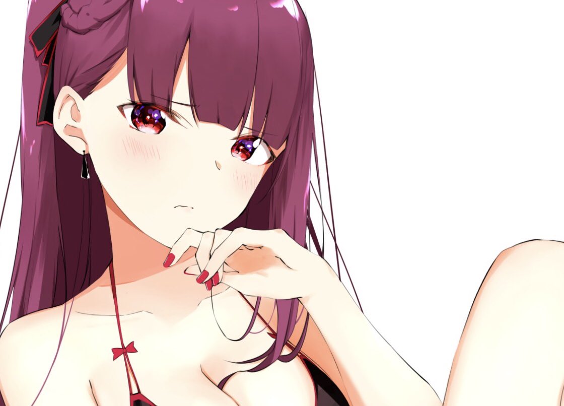 bangs bare_shoulders bikini black_bikini blush bow_bikini braid breasts cleavage closed_mouth commentary_request earrings eyebrows_visible_through_hair french_braid girls_frontline hair_ribbon half_updo halter_top halterneck hand_up ichiki_1 jewelry large_breasts long_hair looking_at_viewer nail_polish one_side_up purple_hair red_eyes red_nails ribbon simple_background sitting solo swimsuit very_long_hair wa2000_(girls_frontline) white_background
