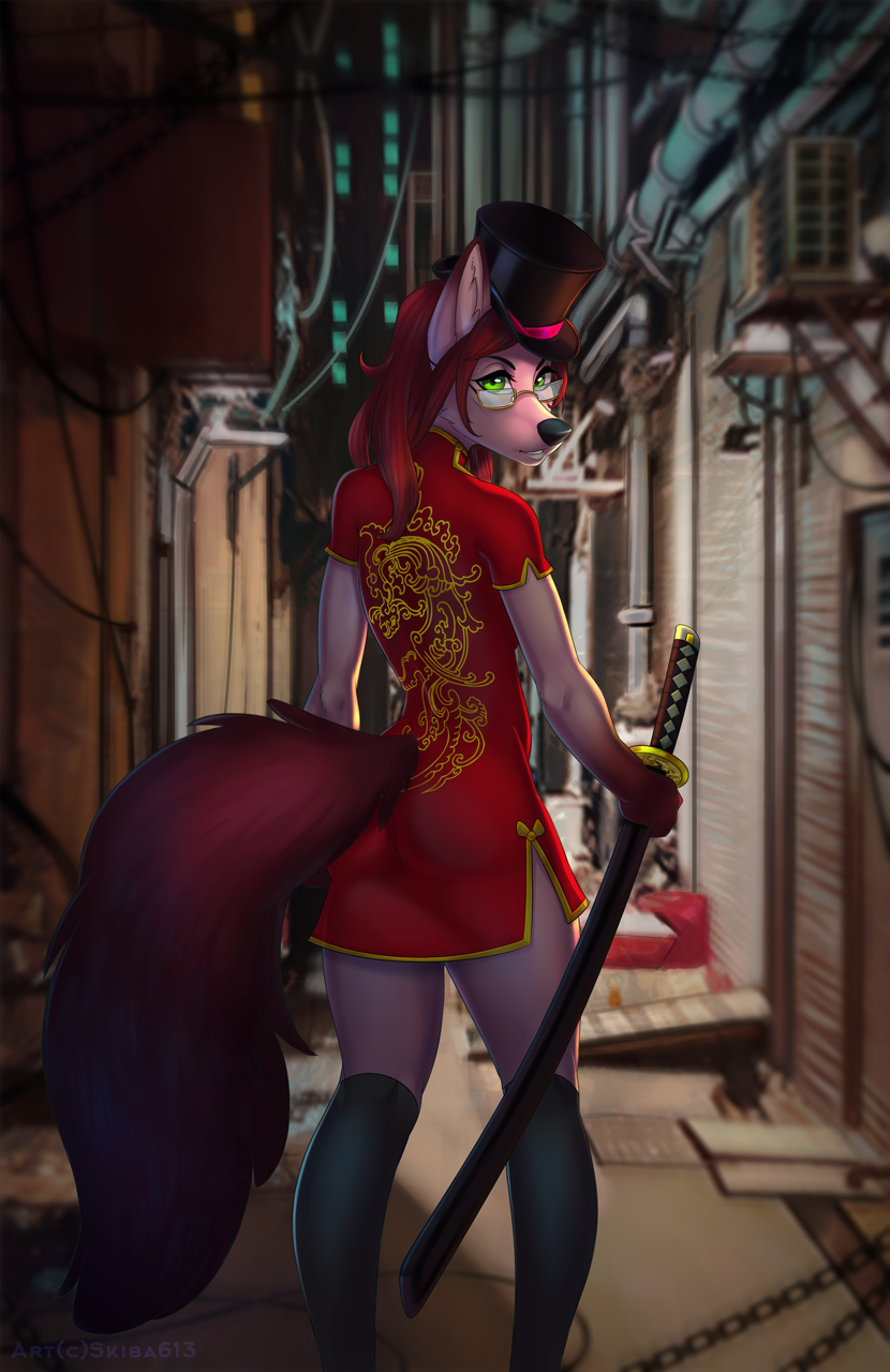 2018 anthro canine clothed clothing detailed_background digital_media_(artwork) dog eyewear female fur glasses green_eyes hair holding_object holding_weapon mammal melee_weapon nastywolf613 pink_fur red_hair solo standing sword weapon