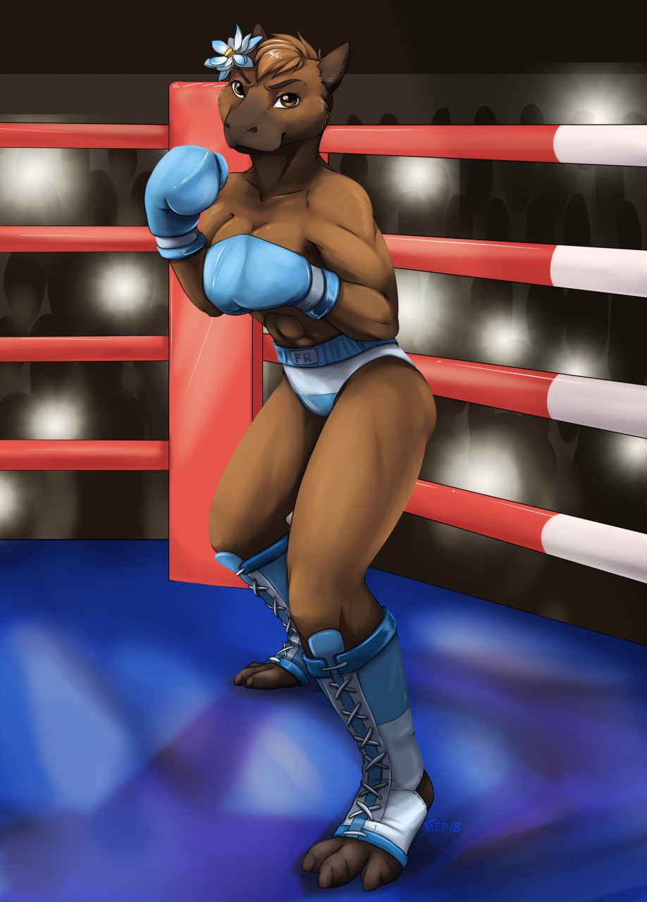 2018 3_toes abs aki_de-volfs.ar anthro argentina athletic boxing boxing_gloves breasts brown_eyes brown_hair capybara claws clothed clothing eyebrows eyelashes female fighting_ring fiorella_rey flower fur hair looking_at_viewer mammal plant pose rodent solo sport toe_claws toeless_footwear toes topless underwear