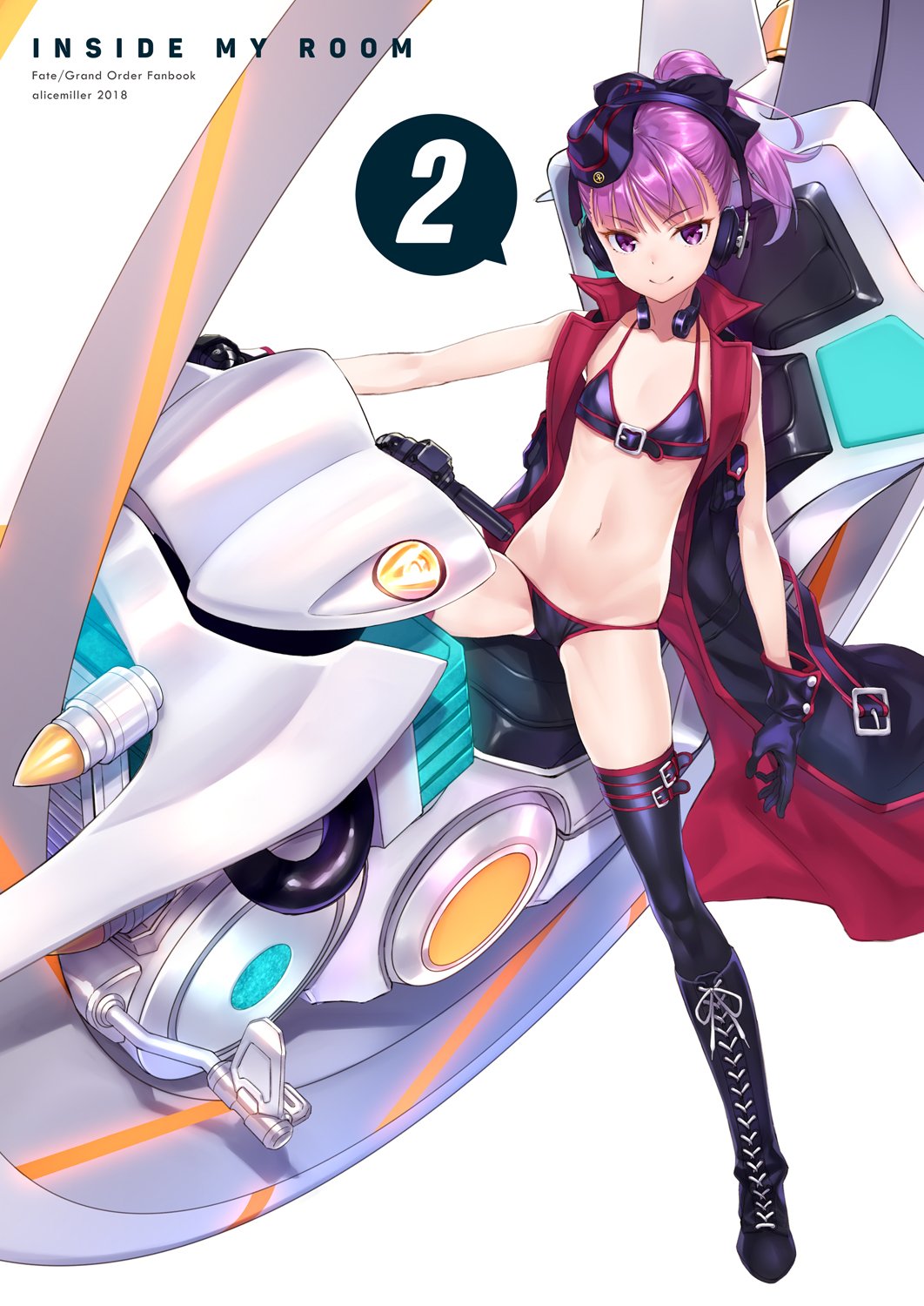 2018 artist_name ass_visible_through_thighs bikini black_bikini black_cape black_footwear black_hat black_legwear boots cape collarbone copyright_name eyebrows_visible_through_hair fate/grand_order fate_(series) flat_chest floating_hair hat headphones helena_blavatsky_(swimsuit_archer)_(fate) high_ponytail highres knee_boots looking_at_viewer matsuryuu navel purple_eyes purple_hair ribbon riding shiny shiny_hair smile solo swimsuit thighhighs white_ribbon