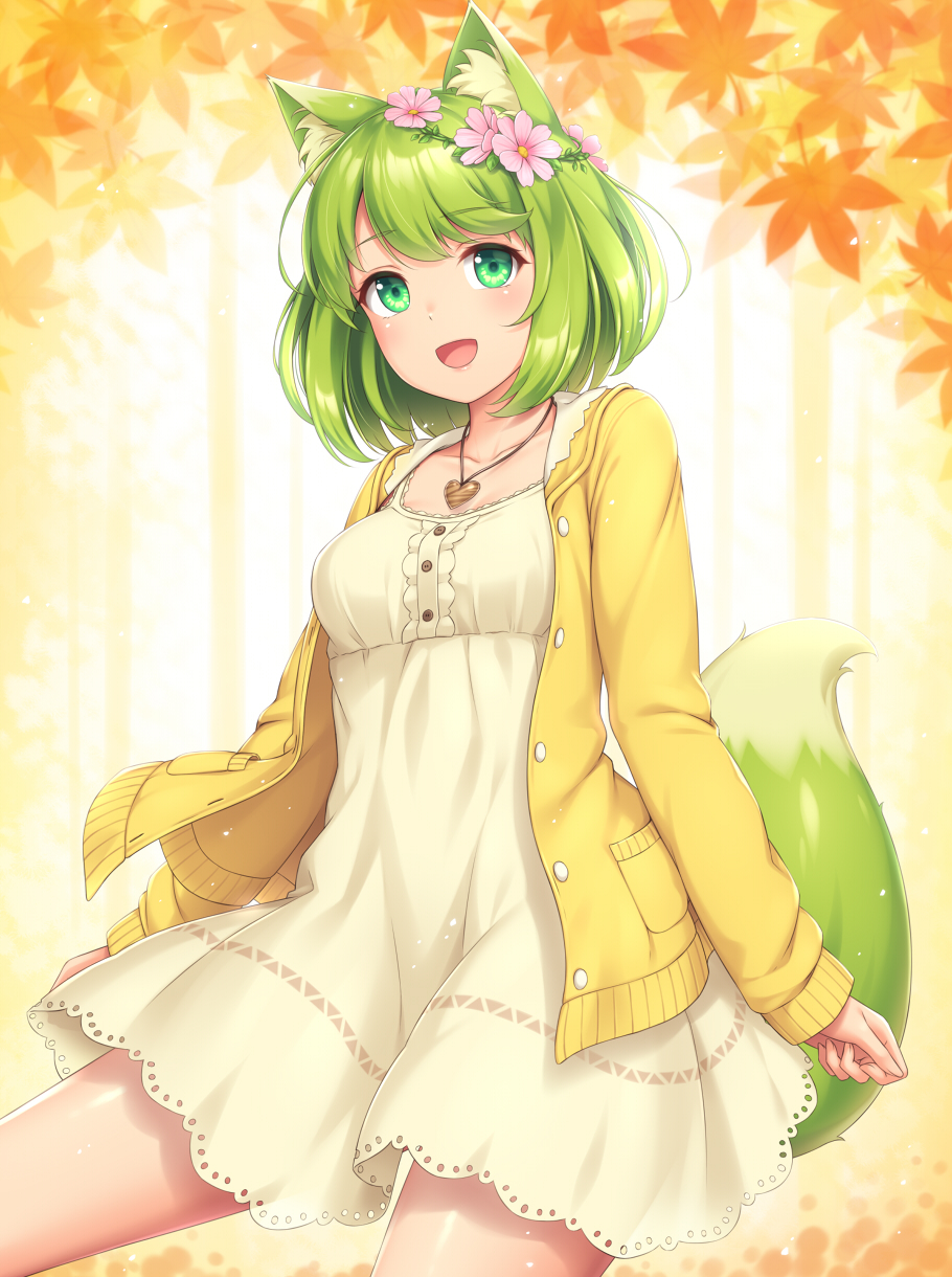 :d animal_ear_fluff animal_ears autumn_leaves bangs beige_dress breasts commentary_request eyebrows_visible_through_hair flower fox_ears fox_tail green_eyes green_hair hair_flower hair_ornament heart heart_necklace highres jacket leaf long_sleeves looking_at_viewer maple_leaf open_clothes open_jacket open_mouth original sasaame shiny shiny_skin short_hair small_breasts smile solo tail unbuttoned yellow_jacket