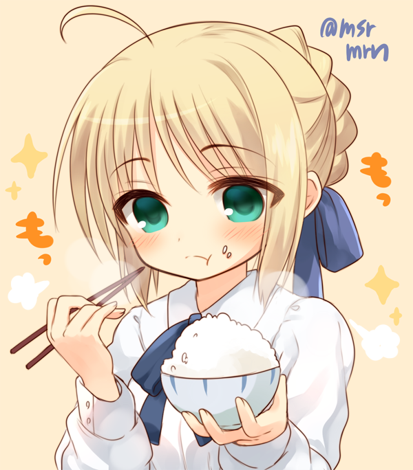 :t ahoge artoria_pendragon_(all) blonde_hair blue_bow blush bow bowl braid brown_background chopsticks clostridium_tetani collared_shirt eating fate/stay_night fate_(series) fingernails food food_on_face green_eyes hair_bow holding holding_bowl holding_chopsticks long_hair long_sleeves marshmallow_mille rice rice_bowl rice_on_face saber shirt sidelocks solo twitter_username white_shirt