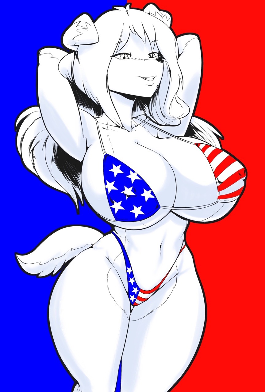 anthro beauty_mark big_breasts bikini breasts canine cleavage clothed clothing diana_(thecon) dog female huge_breasts mammal nipple_bulge swimsuit thecon