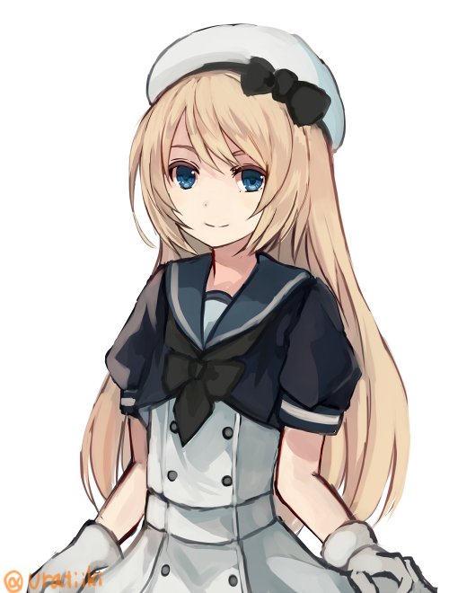 bangs black_neckwear black_ribbon blonde_hair blue_eyes blue_sailor_collar buttons closed_mouth commentary dress gloves hair_between_eyes hat holding jervis_(kantai_collection) kantai_collection long_hair looking_at_viewer natsuyuki neckerchief ribbon sailor_collar sailor_dress sailor_hat short_sleeves simple_background skirt_hold smile solo twitter_username white_background white_dress white_gloves white_hat