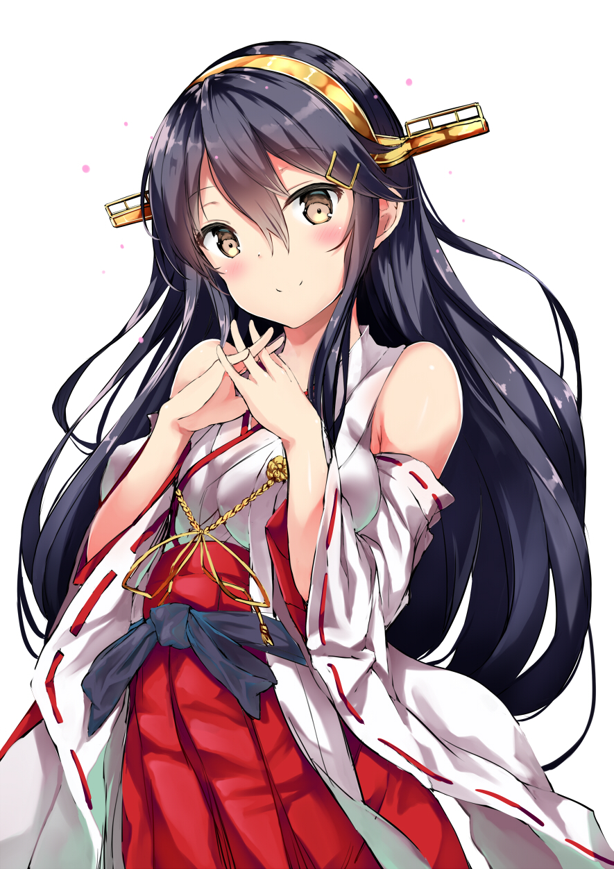 armpit_crease bangs bare_shoulders black_hair black_ribbon blush breasts brown_eyes closed_mouth commentary_request covered_nipples detached_sleeves hair_between_eyes hair_ornament hairband hairclip hands_together hands_up haruna_(kantai_collection) highres interlocked_fingers japanese_clothes kantai_collection long_hair looking_at_viewer medium_breasts nontraditional_miko remodel_(kantai_collection) ribbon ribbon-trimmed_sleeves ribbon_trim sidelocks simple_background smile solo very_long_hair white_background yukishiro_arute