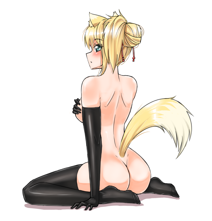animal_ear_fluff animal_ears aqua_eyes arm_support ass back black_gloves black_legwear blonde_hair breasts commentary covering covering_breasts dog_days elbow_gloves english_commentary fox_ears fox_tail gloves large_breasts looking_at_viewer nude ponytail sitting solo tail thighhighs twrlare wariza yukikaze_panettone
