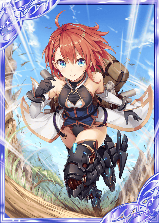 &gt;:) akkijin bare_shoulders black_gloves blue_eyes blue_sky bodysuit breasts card_(medium) cloud cloudy_sky day forest gloves glowing mecha_musume mechanical_legs medium_breasts nature official_art package red_hair running scroll shinkai_no_valkyrie short_hair sky
