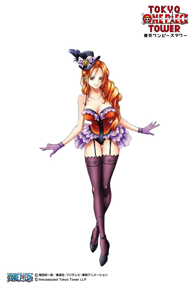 1girl alternative_costume breasts bunnysuit cleavage english_text female garter_belt gloves halloween happy_halloween hat heels high_heels high_resolution large_breasts legs leotard long_hair looking_at_viewer midriff nami_(one_piece) official_art one_piece orange_eyes orange_hair skirt smile solo standing straw_hat_pirates text thighs white_background