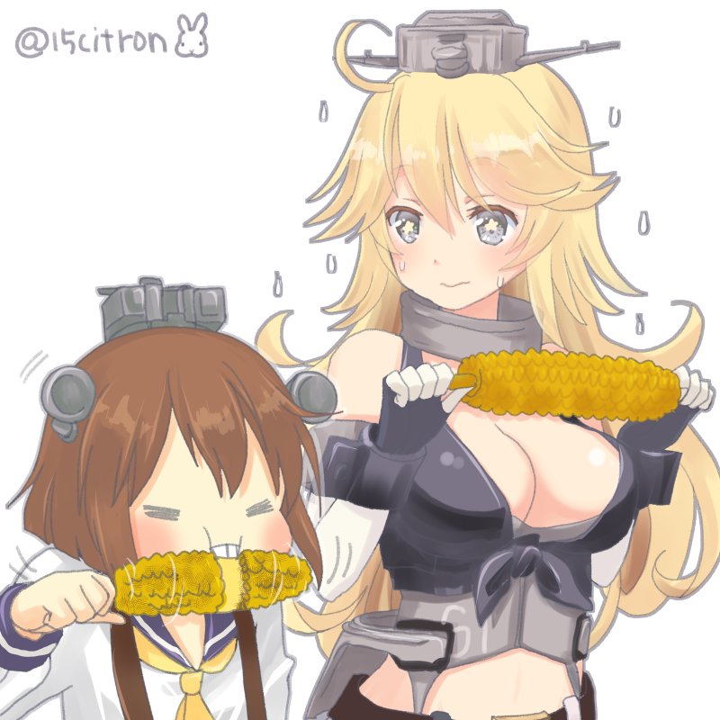 2girls ahoge bangs black_gloves blonde_hair blue_sailor_collar blush breasts brown_hair bunny closed_eyes closed_mouth commentary_request corn eating elbow_gloves food front-tie_top gloves grey_eyes hair_between_eyes headgear holding holding_food iowa_(kantai_collection) kantai_collection large_breasts long_hair multiple_girls navel navel_cutout neckerchief number sailor_collar school_uniform serafuku short_hair simple_background star star-shaped_pupils sweatdrop symbol-shaped_pupils teeth twitter_username white_background white_gloves yellow_neckwear yukikaze_(kantai_collection)