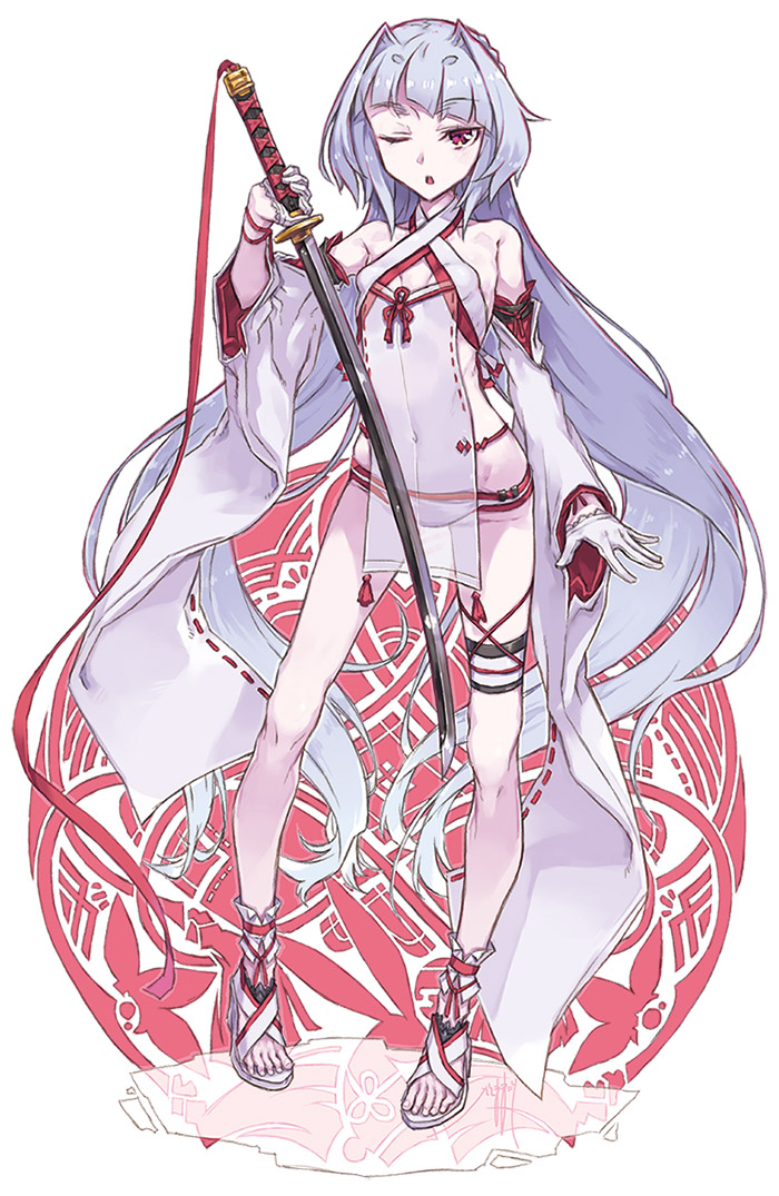 detached_sleeves gloves hair_intakes holding holding_sword holding_weapon japanese_clothes katana long_hair nike_(smaaaash) one_eye_closed original red_eyes see-through silver_hair solo swimsuit sword very_long_hair weapon