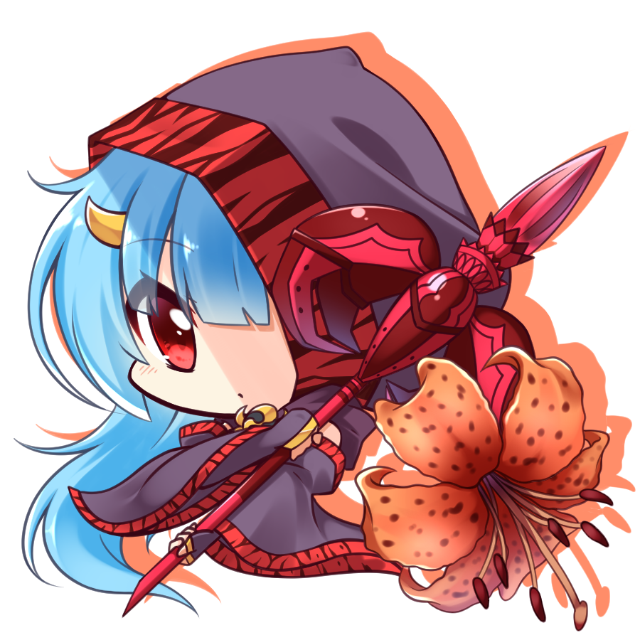 bangs black_cape black_flower blue_hair brown_flower cape chibi closed_mouth commentary_request eyebrows_visible_through_hair fingerless_gloves flower flower_knight_girl full_body gloves hair_between_eyes holding holding_spear holding_weapon hood hood_up hooded_cape horn long_hair looking_at_viewer object_namesake oniyuri_(flower_knight_girl) polearm red_eyes shachoo. shadow solo spear very_long_hair weapon white_background
