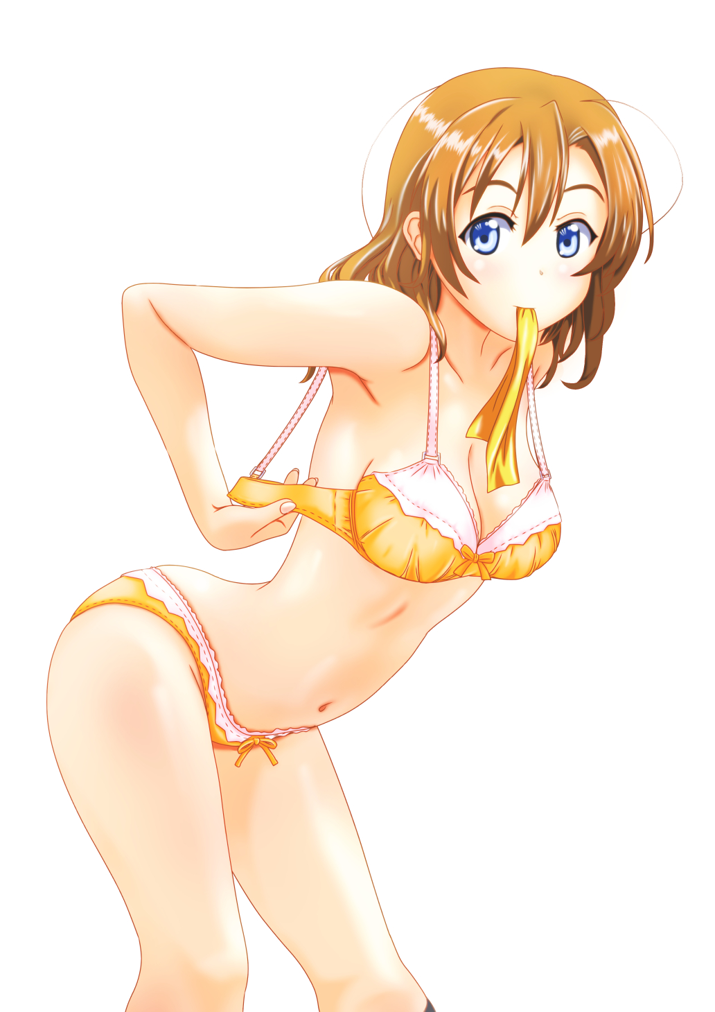 adjusting_bra adjusting_clothes alternate_hairstyle arched_back bangs black_legwear blue_eyes bow bow_bra bow_panties bra breasts cleavage closed_mouth commentary_request dressing frilled_bra frilled_panties frills from_side hair_down hair_ribbon highres jou_(circlemay) kousaka_honoka leaning_forward looking_at_viewer love_live! love_live!_school_idol_project medium_breasts medium_hair mouth_hold navel orange_bra orange_hair orange_panties panties partial_commentary ribbon ribbon_in_mouth simple_background socks solo standing thighs underwear underwear_only white_background yellow_ribbon
