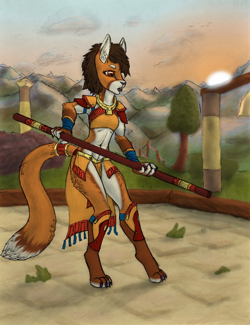 4_fingers 4_toes anthro armor biped breasts brown_fur brown_hair canine claws clothing crop_top detailed_background digitigrade dipstick_tail eyebrows eyelashes female fighting_stance fingerless_(marking) fluffy fluffy_tail fox full-length_portrait fur gloves_(marking) grey_lips grey_nose greycore hair holding_object holding_weapon inner_ear_fluff loincloth long_tail mammal markings mountain multicolored_fur multicolored_tail navel orange_ears orange_fur orange_tail pauldron portrait red_eyes shirt short_hair sky slim small_breasts socks_(marking) solo staff standing sun toes tree tribal two_tone_ears weapon white_ears white_eyebrows white_fur white_tail