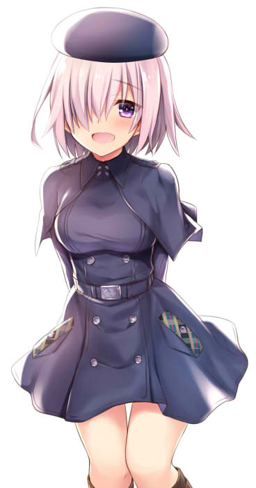 :d arms_behind_back bankoku_ayuya belt black_capelet black_coat black_hat blush capelet eyebrows_visible_through_hair fate/grand_order fate_(series) hat looking_at_viewer mash_kyrielight open_mouth pink_hair purple_eyes short_hair simple_background smile solo standing white_background