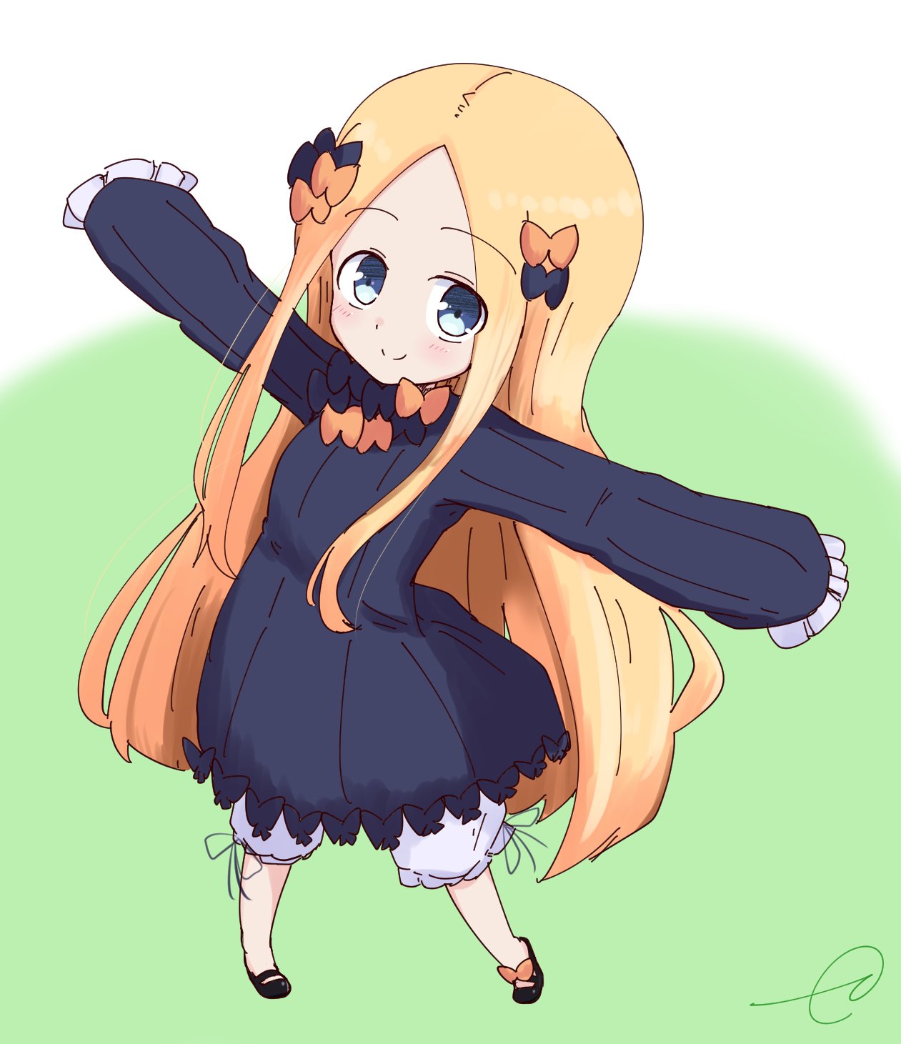 abigail_williams_(fate/grand_order) bangs black_bow black_dress black_footwear blonde_hair bloomers blue_eyes blush bow bug butterfly closed_mouth commentary_request dress eyebrows_visible_through_hair fate/grand_order fate_(series) forehead full_body gradient gradient_background green_background hair_bow highres insect kujou_karasuma long_hair long_sleeves no_hat no_headwear orange_bow outstretched_arms parted_bangs polka_dot polka_dot_bow shoes signature sleeves_past_fingers sleeves_past_wrists smile solo spread_arms standing underwear very_long_hair white_background white_bloomers