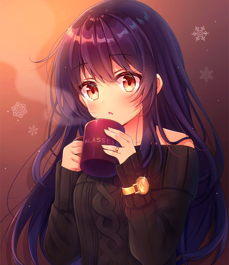 black_sweater blue_hair brown_background brown_eyes copyright_name cup eyebrows_visible_through_hair floating_hair gradient gradient_background holding holding_cup jewelry klasse14 long_hair off-shoulder_sweater open_mouth ring serino_itsuki snowflakes solo steam sweater teacup upper_body very_long_hair watch wristwatch