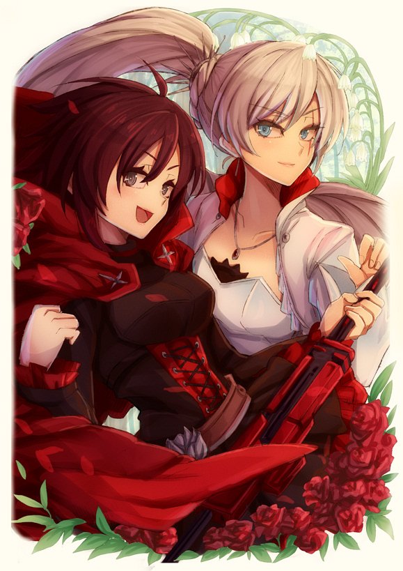 :d blue_eyes breasts brown_eyes brown_hair cape collar corset eyebrows_visible_through_hair floating_hair flower hair_between_eyes high_ponytail holding holding_weapon jewelry long_hair long_sleeves looking_at_viewer multiple_girls necklace open_mouth red_cape red_flower red_rose rose ruby_rose rwby scar scar_across_eye short_hair silver_hair small_breasts smile very_long_hair weapon weiss_schnee yude