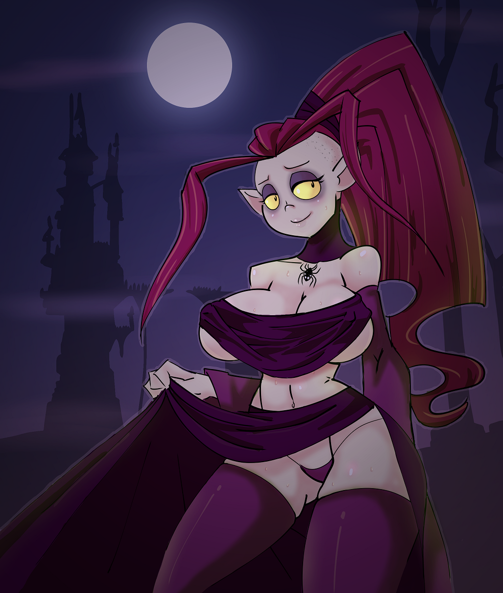 1girl breasts castle gruftine herny large_breasts long_hair monster_girl moon panties pointy_ears ponytail red_hair school_for_vampires smile thighhighs underwear vampire yellow_sclera