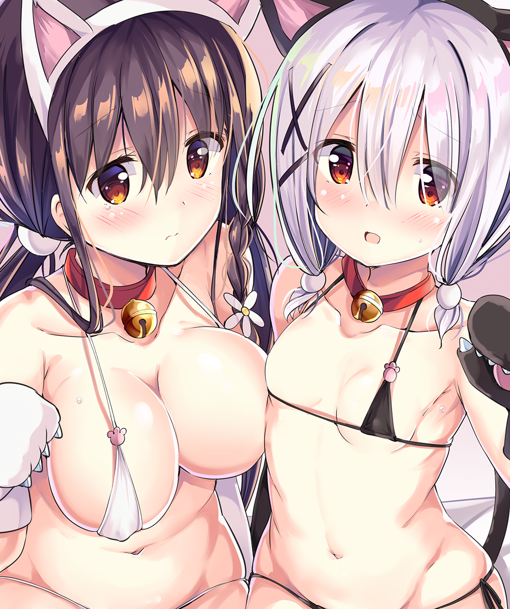 animal_ears armpits bangs bare_arms bell bell_collar bikini black_bikini black_hairband blush braid breasts brown_hair cat_ears cat_girl cat_tail cleavage closed_mouth collar collarbone commentary_request covered_nipples eyebrows_visible_through_hair fake_animal_ears flower gloves hair_between_eyes hair_flower hair_ornament hairband hairclip jingle_bell kurou_(quadruple_zero) large_breasts long_hair low_twintails micro_bikini multiple_girls navel original parted_lips paw_gloves paws red_collar red_eyes side_braid silver_hair single_braid small_breasts sweat swimsuit tail tail_raised twintails wavy_mouth white_bikini white_flower white_hairband x_hair_ornament