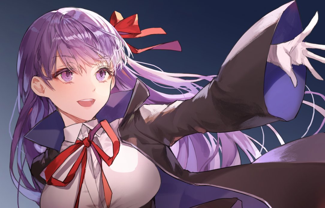 bb_(fate)_(all) bb_(fate/extra_ccc) black_cape breasts cape dress_shirt eyebrows_visible_through_hair fate/extra fate/extra_ccc fate_(series) floating_hair gloves hair_ribbon kim_eb large_breasts long_hair neck_ribbon outstretched_arm purple_eyes purple_hair red_ribbon ribbon shirt solo upper_body very_long_hair white_gloves white_shirt