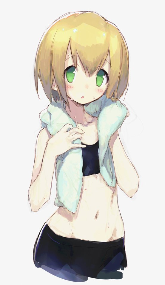 alternate_hair_length alternate_hairstyle bangs bare_arms blonde_hair blush commentary_request cowboy_shot cropped_legs flat_chest green_eyes hair_between_eyes jiyu2 looking_at_viewer midriff navel rockman rockman_dash roll_caskett short_hair simple_background solo towel towel_around_neck wet