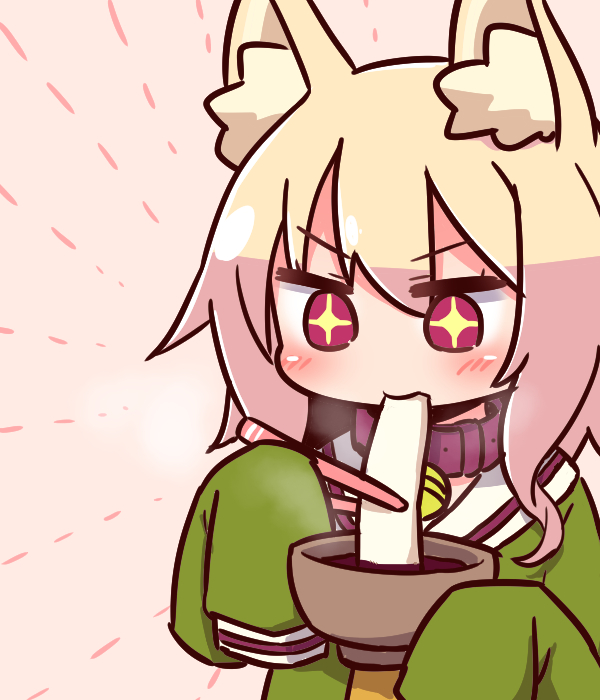 1girl animal_ear_fluff animal_ears bangs bell bell_collar blonde_hair blush bowl brown_background brown_collar chopsticks collar eating eyebrows_visible_through_hair fox_ears green_shirt hair_between_eyes holding holding_bowl holding_chopsticks jingle_bell kemomimi-chan_(naga_u) long_hair long_sleeves looking_away looking_down mochi naga_u original red_eyes sailor_collar shirt sidelocks sleeves_past_fingers sleeves_past_wrists solo upper_body white_sailor_collar