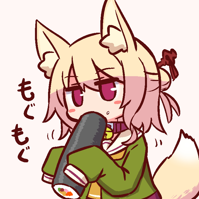 animal_ear_fluff animal_ears bangs bell bell_collar blonde_hair blush_stickers brown_background brown_collar collar eating ehoumaki eyebrows_visible_through_hair food food_on_face fox_ears fox_girl fox_tail green_shirt hair_between_eyes hair_bun hair_ornament head_tilt holding holding_food jingle_bell kemomimi-chan_(naga_u) long_hair long_sleeves looking_away makizushi naga_u orange_neckwear original red_eyes rice rice_on_face sailor_collar shirt sidelocks simple_background sleeves_past_fingers sleeves_past_wrists solo sushi tail upper_body white_sailor_collar