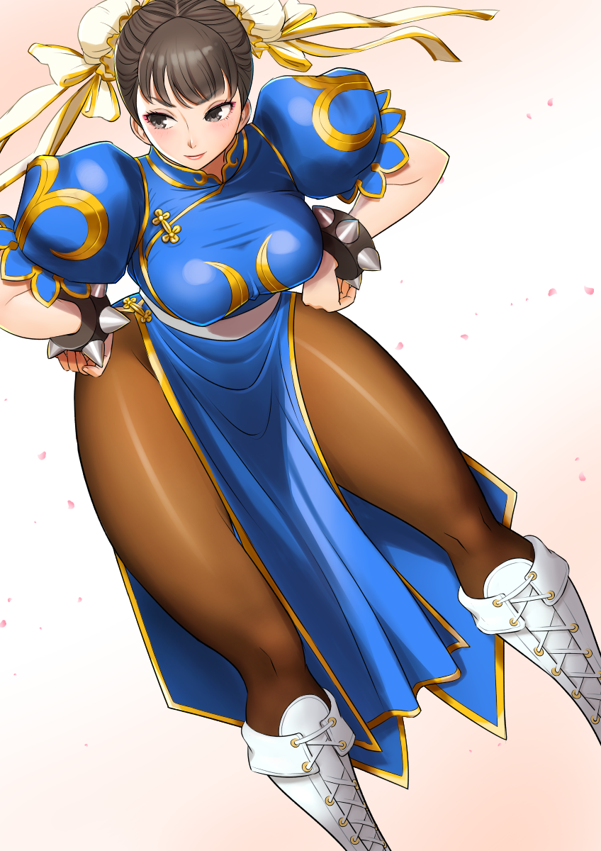 blue_dress boots bracelet breasts brown_eyes brown_hair brown_legwear bun_cover china_dress chinese_clothes chun-li cross-laced_footwear double_bun dress eyebrows_visible_through_hair eyeliner gold_trim hands_on_hips highres jewelry large_breasts lipstick makeup pantyhose pelvic_curtain petals pink_lips puffy_sleeves sash shigenobu short_sleeves side_slit smile solo spiked_bracelet spikes standing street_fighter thighs toggles white_footwear