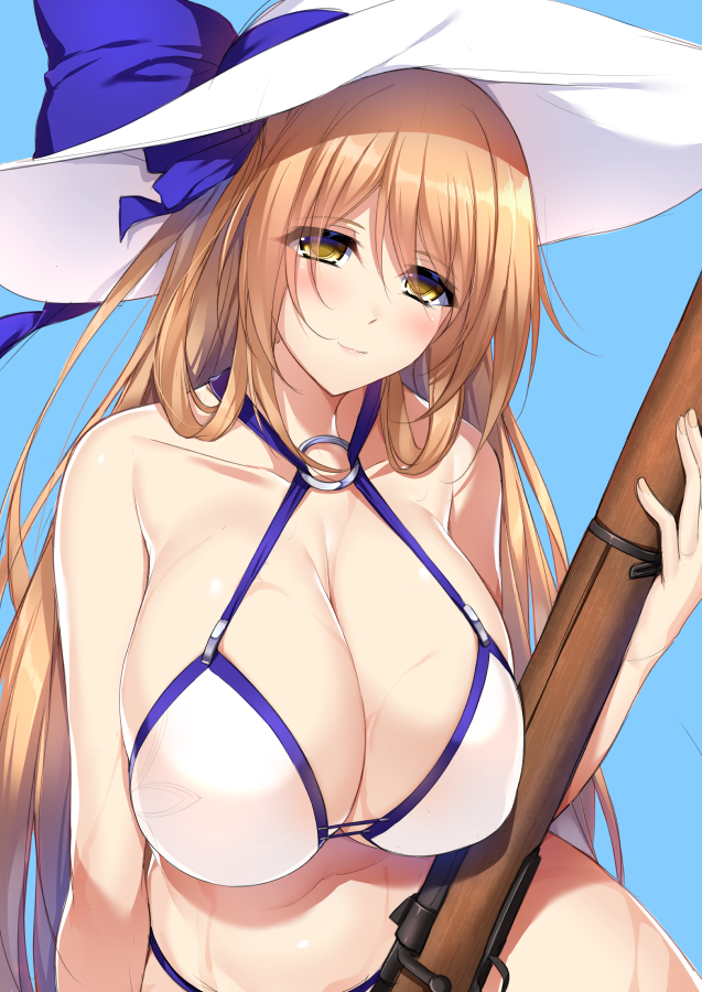bikini blue_background blue_ribbon blue_sky bow breasts brown_hair cleavage commentary_request eyebrows_visible_through_hair firearm girls_frontline green_eyes gun hair_between_eyes hat hat_bow hat_ribbon holding huge_breasts long_hair m1903_springfield m1903_springfield_(girls_frontline) minamon_(vittel221) o-ring o-ring_bikini o-ring_bottom o-ring_top outdoors ribbon rifle sidelocks sky smile sun_hat swimsuit weapon white_bikini yellow_eyes