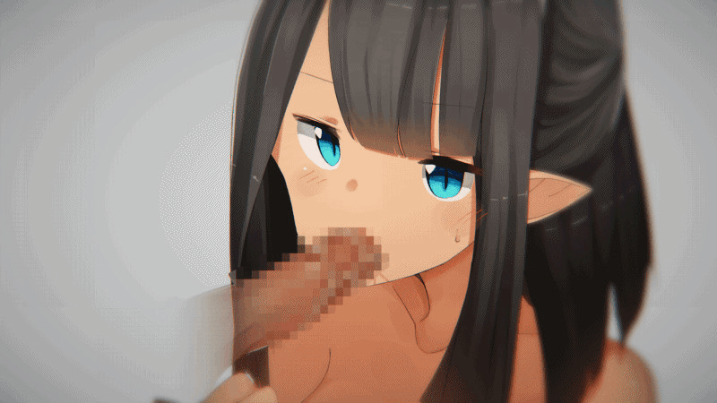 1girl animated animated_gif aqua_eyes artist_request bare_shoulders black_hair fellatio gradient gradient_background long_hair nude oral penis pointy_ears saliva simple_background