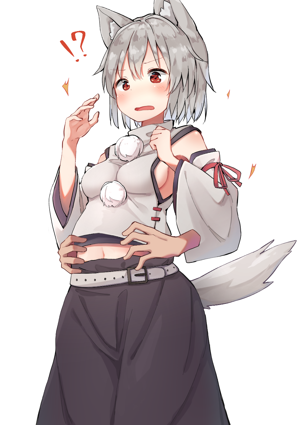 1girl animal_ears bare_shoulders belly_rub belt belt_buckle black_skirt blush breasts buckle cleavage detached_sleeves disembodied_limb eyebrows_visible_through_hair feet_out_of_frame grey_hair hands_up highres inubashiri_momiji long_skirt long_sleeves mamemochi midriff navel open_mouth pom_pom_(clothes) red_eyes red_ribbon ribbon shirt short_hair sideboob simple_background skirt small_breasts solo_focus standing tail touhou white_background white_shirt wide_sleeves wolf_ears wolf_tail