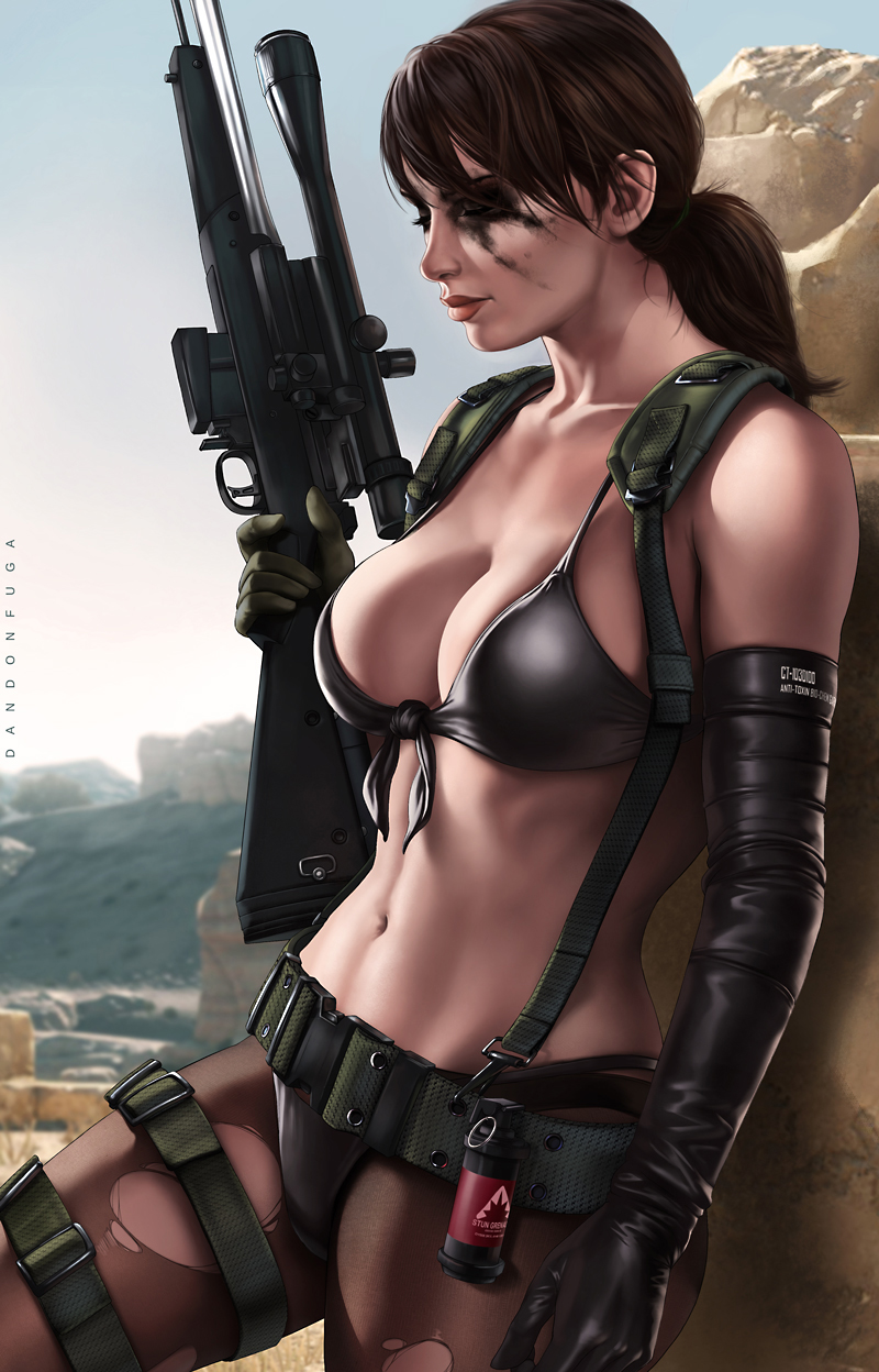 artist_name bikini black_bikini breasts brown_hair cleavage closed_eyes closed_mouth dandon_fuga day facepaint front-tie_bikini front-tie_top gun highres holding holding_gun holding_weapon large_breasts leaning_back lips metal_gear_(series) metal_gear_solid_v navel outdoors pantyhose ponytail quiet_(metal_gear) rifle sniper_rifle solo suspenders swimsuit torn_clothes torn_legwear weapon