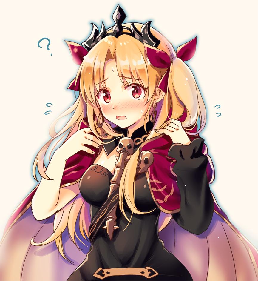 asymmetrical_sleeves black_dress black_sleeves blonde_hair blush bow breasts cape diadem dress earrings embarrassed ereshkigal_(fate/grand_order) eyebrows_visible_through_hair fate/grand_order fate_(series) flying_sweatdrops hair_bow jewelry long_hair medium_breasts open_mouth red_bow red_cape red_eyes serino_itsuki shiny shiny_hair simple_background single_sleeve sleeveless sleeveless_dress solo twintails upper_body very_long_hair white_background