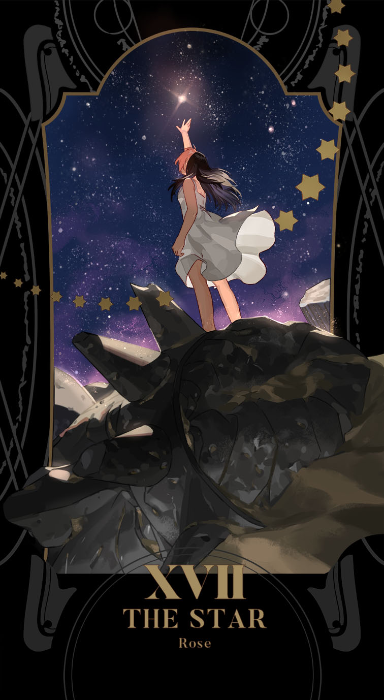 arm_at_side bare_legs black_hair card_(medium) character_name clothes_lift dress dress_lift dust english facing_away floating_hair fullmetal_alchemist highres holy_pumpkin long_hair looking_up multicolored_hair night night_sky outdoors outside_border outstretched_hand pink_hair rock roman_numerals rose_tomas sky sleeveless sleeveless_dress solo standing star star_(sky) starry_sky tarot two-tone_hair white_dress