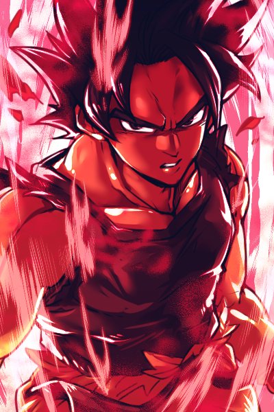 arms_at_sides aura black dragon_ball dragon_ball_z expressionless floating_hair kaio_ken looking_away male_focus monochrome red serious short_hair son_gokuu spiked_hair spot_color st62svnexilf2p9 torn_clothes upper_body