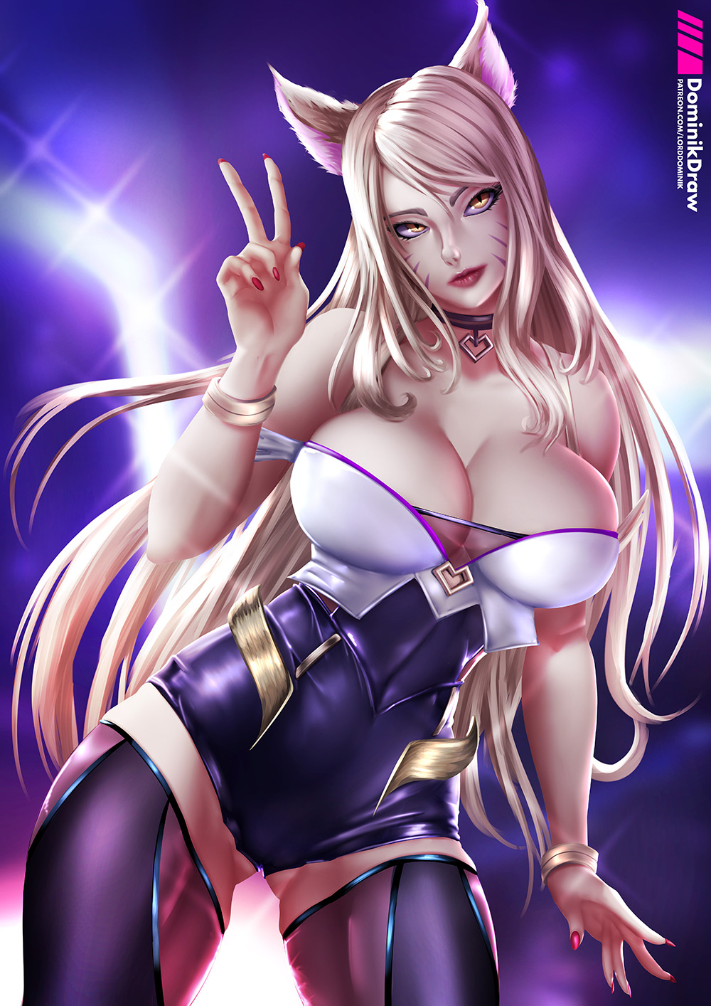 ahri_(lol) animal_humanoid big_breasts blonde_hair breasts cleavage clothed clothing collar female fox_humanoid hair humanoid league_of_legends legwear lord_dominik_(artist) riot_games solo thigh_highs v_sign video_games