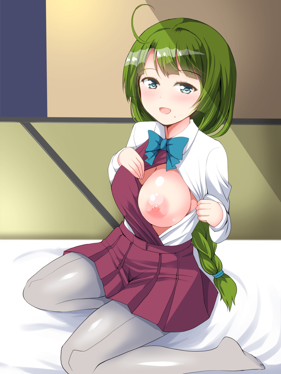 ahoge bangs blue_bow blue_eyes blush bow bowtie braid breasts commentary_request deego_(omochi_bazooka) eyebrows_visible_through_hair green_hair grey_legwear hair_tie highres indoors kantai_collection long_hair long_sleeves medium_breasts mole mole_under_mouth nipples no_bra one_breast_out open_mouth pantyhose pleated_skirt purple_skirt school_uniform shiny shiny_skin shirt_tucked_in single_braid sitting skirt solo very_long_hair white yuugumo_(kantai_collection)
