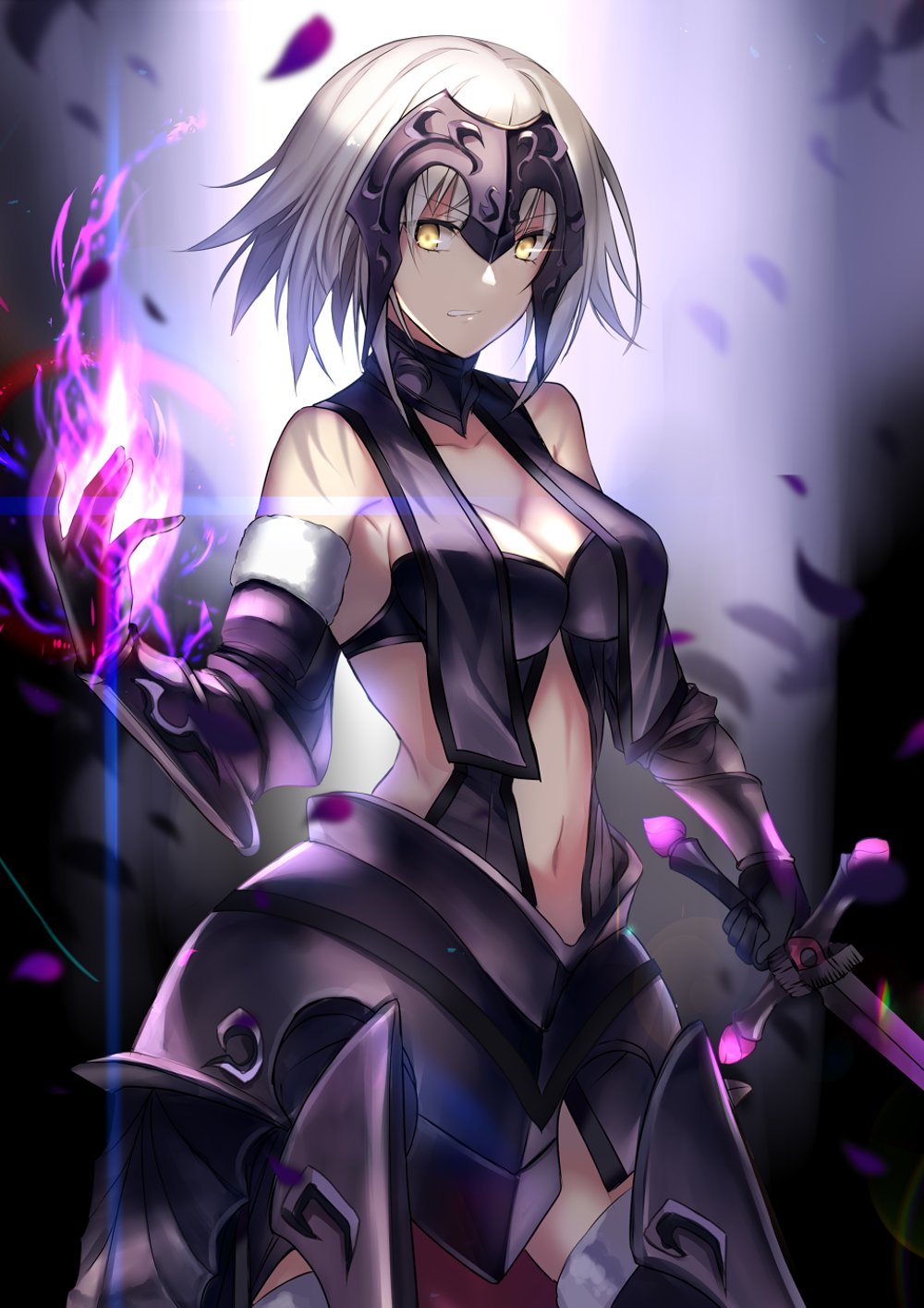1girl armor armored_dress aura bangs bare_shoulders black_dress breasts cleavage commentary_request dress eyebrows_visible_through_hair falling_petals fate/grand_order fate_(series) faulds fur_trim gauntlets headpiece highres holding holding_sword holding_weapon jeanne_d'arc_(alter)_(fate) jeanne_d'arc_(fate)_(all) jeanne_d'arc_(alter)_(fate) jeanne_d'arc_(fate)_(all) karlwolf large_breasts looking_at_viewer magic navel navel_cutout short_hair silver_hair standing sword thighhighs weapon yellow_eyes