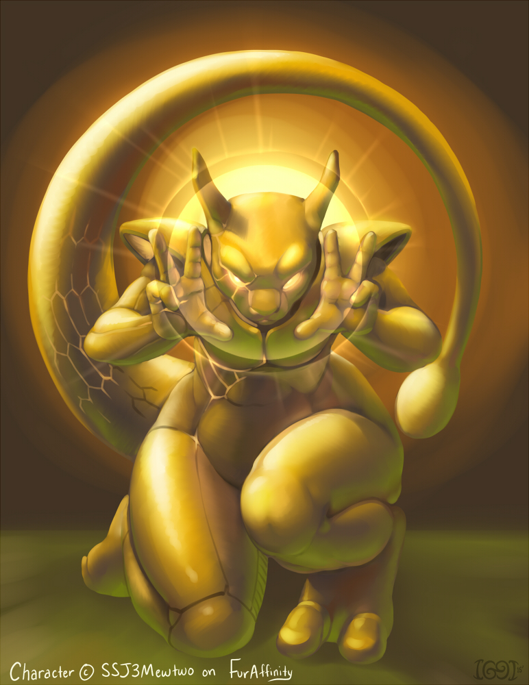 2_toes 4_fingers angry armor big_tail bottomless clothed clothing glowing glowing_eyes gold_skin holding_up_hands iggi invalid_color kneeling legendary_pok&eacute;mon light male mewtwo muscular nintendo pok&eacute;mon pok&eacute;mon_(species) psychic solo ssj3mewtwo thick_tail thick_thighs toes video_games wide_hips