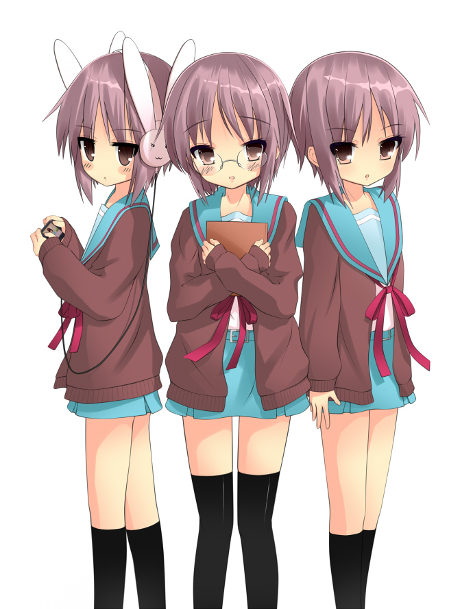 bad_id bad_pixiv_id book brown_eyes brown_hair bunny_headphones cardigan digital_media_player glasses headphones kita_high_school_uniform multiple_girls multiple_persona nagato_yuki sarekoube school_uniform serafuku short_hair suzumiya_haruhi-chan_no_yuuutsu suzumiya_haruhi_no_shoushitsu suzumiya_haruhi_no_yuuutsu thighhighs