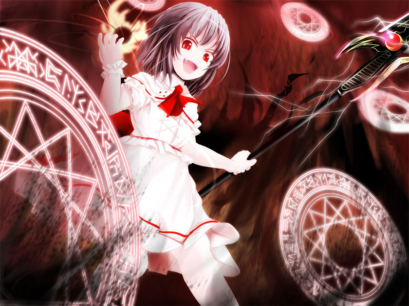 aw bad_id bad_pixiv_id dress fang lavender_hair magic_circle no_hat no_headwear open_mouth polearm red_eyes remilia_scarlet short_hair smile solo spear spear_the_gungnir touhou weapon
