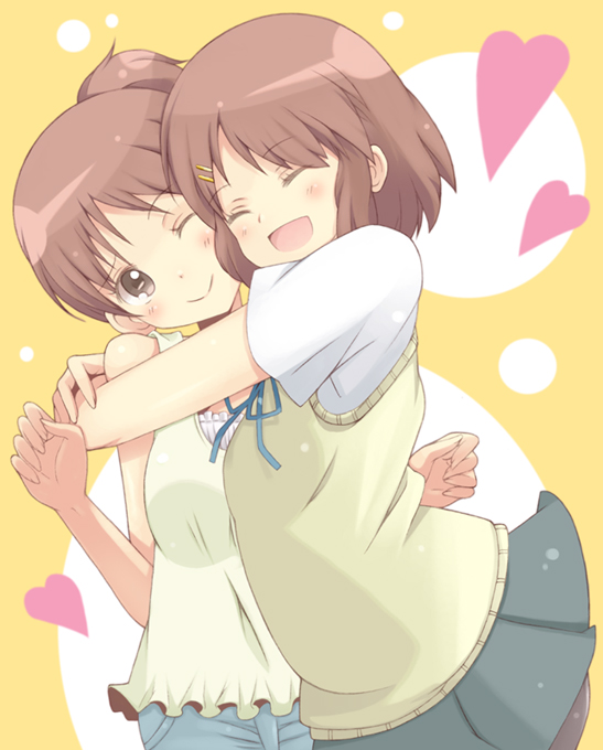 closed_eyes hirasawa_ui hirasawa_yui hug k-on! kannagi_kaname multiple_girls one_eye_closed pantyhose school_uniform siblings sisters