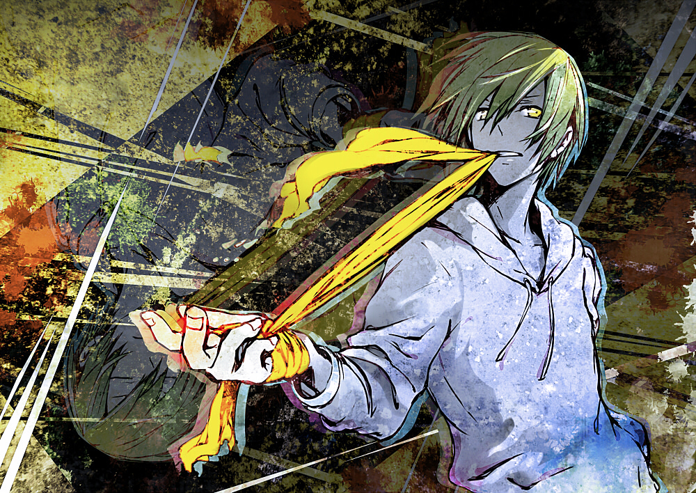 arm_at_side bangs banned_artist blonde_hair clenched_teeth drawstring durarara!! hair_between_eyes hood hood_down hoodie kida_masaomi long_sleeves looking_at_viewer male_focus outstretched_arm pullover ria scarf solo teeth teeth_hold upper_body upside-down white_hoodie yellow yellow_background yellow_eyes yellow_scarf zoom_layer