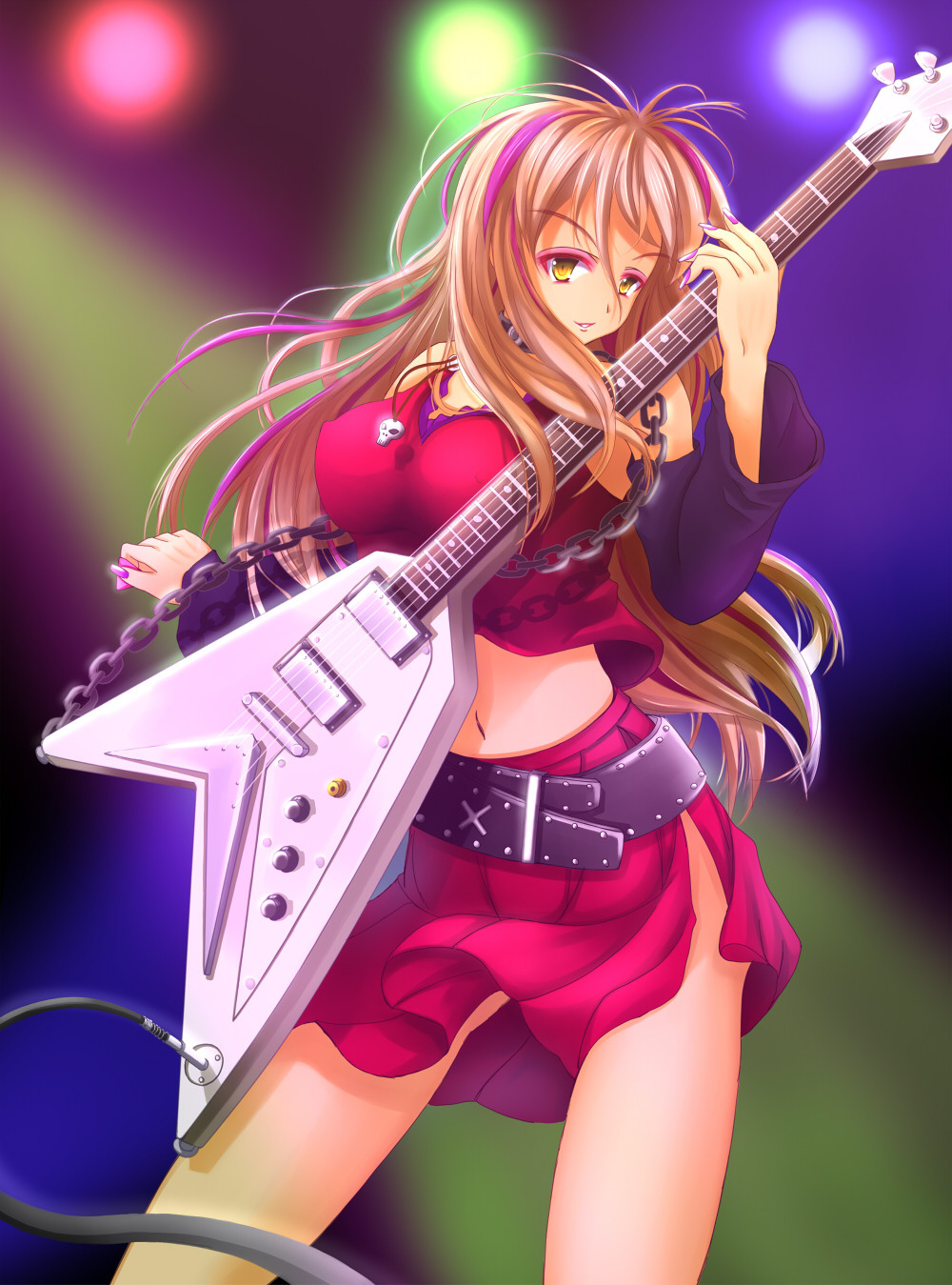:o alternate_costume aru_tia bad_id bad_pixiv_id bare_shoulders belt breasts brown_hair chain covered_nipples death_devil detached_sleeves eyeshadow fingernails flying_v gibson guitar highres instrument jewelry k-on! large_breasts lipstick long_fingernails long_hair makeup midriff multicolored_hair nail_polish navel necklace parted_lips patch_cable pink_nails plectrum side_slit skirt skull solo wind wind_lift yamanaka_sawako yellow_eyes