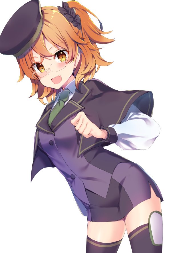 :d ameshizuku_natsuki atlas_academy_uniform bangs beret black_scrunchie blush breasts brown_capelet brown_eyes brown_hair brown_hat collared_shirt commentary_request eyebrows_visible_through_hair fang fate/grand_order fate_(series) fujimaru_ritsuka_(female) glasses green_neckwear hair_between_eyes hair_ornament hair_scrunchie hat jacket long_sleeves looking_at_viewer necktie open_mouth puffy_long_sleeves puffy_sleeves purple_jacket purple_legwear purple_skirt scrunchie shirt simple_background skirt small_breasts smile solo thighhighs tilted_headwear white_background white_shirt