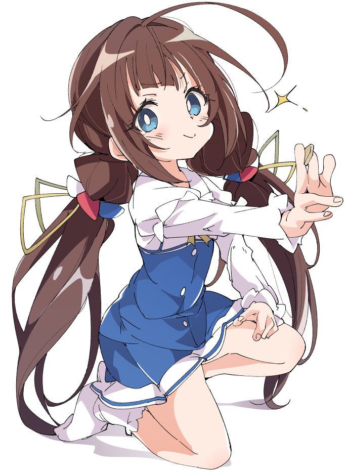 ahoge blue_eyes board_game brown_hair closed_mouth hinatsuru_ai ixy kneeling long_hair looking_at_viewer low_twintails ryuuou_no_oshigoto! school_uniform shougi shougi_piece simple_background smile socks solo twintails white_background