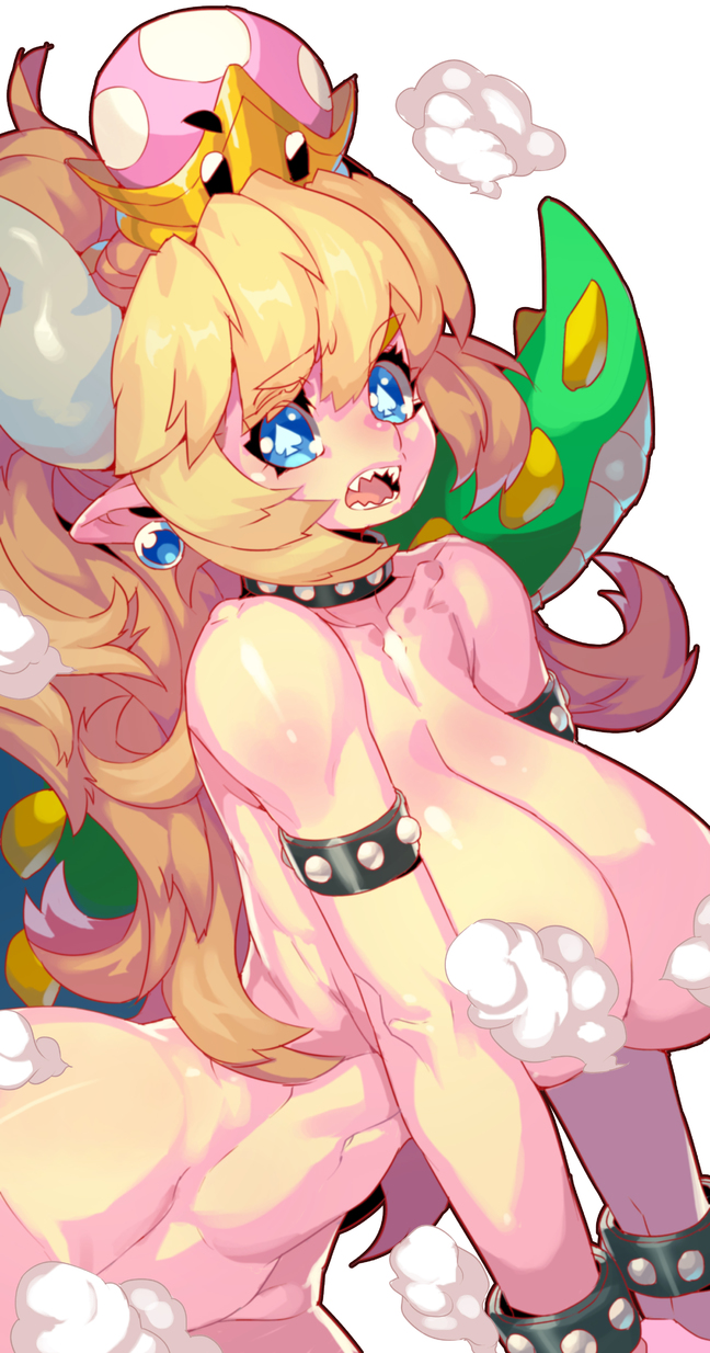 bangs black_collar blonde_hair blue_earrings blue_eyes bowsette bracelet breasts collar convenient_censoring crown earrings fengmo highres horns jewelry large_breasts long_hair looking_at_viewer mario_(series) midriff navel new_super_mario_bros._u_deluxe nude open_mouth pointy_ears sharp_teeth solo spade-shaped_pupils steam steam_censor studded_armlet studded_bracelet studded_collar super_crown symbol-shaped_pupils tail teeth toned