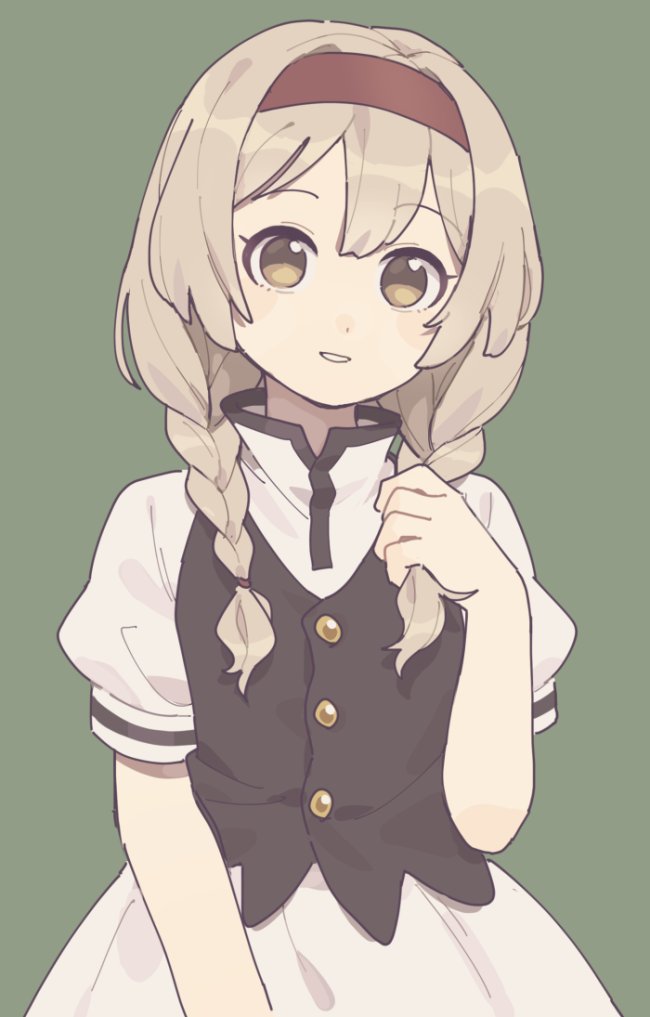 bangs black_vest blonde_hair braid brown_eyes dress gomi_(kaiwaresan44) green_background hair_over_shoulder hair_tie hand_in_hair long_hair looking_at_viewer original parted_lips puffy_short_sleeves puffy_sleeves red_headband short_sleeves simple_background smile solo standing twin_braids twintails upper_body vest white_dress