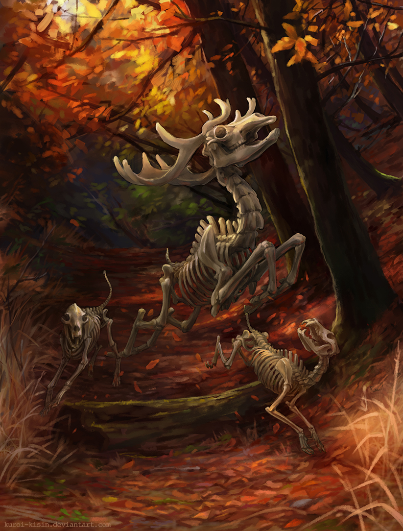 2017 antlers bone cervine day detailed_background digital_media_(artwork) feral forest horn kur0i kuroi-kisin mammal moose outside skeleton standing tree