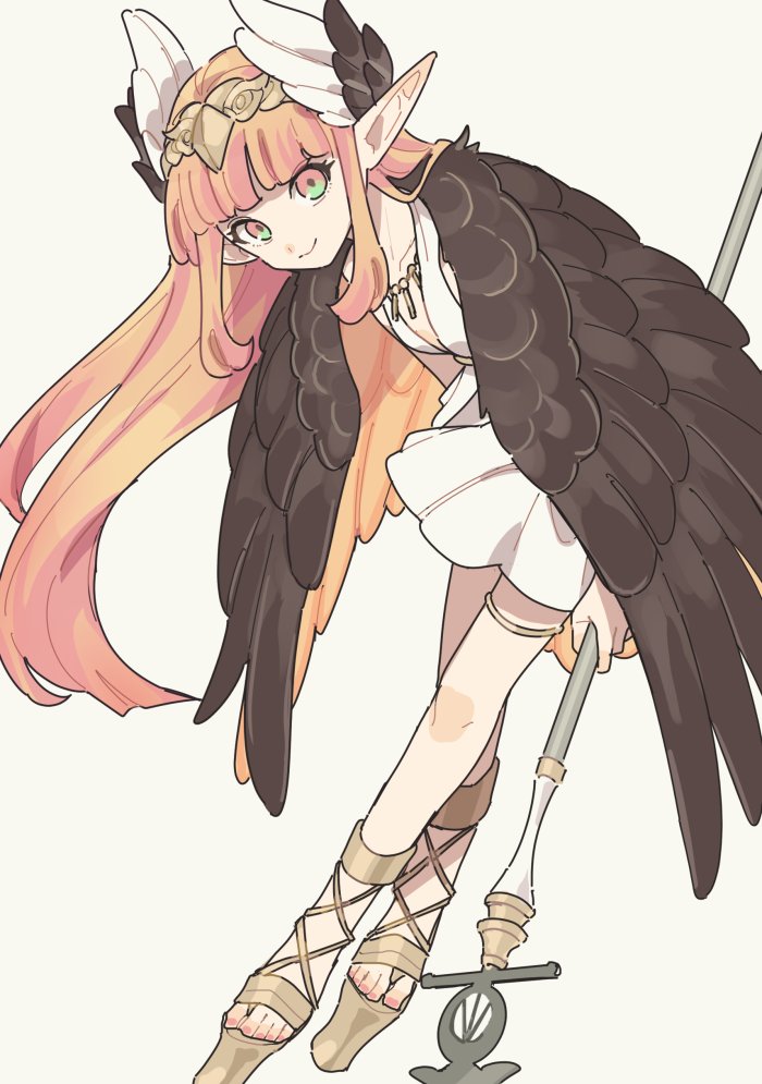 bangs black_wings blunt_bangs brown_footwear circe_(fate/grand_order) commentary_request dress fate/grand_order fate_(series) feathered_wings gomi_(kaiwaresan44) green_eyes head_wings holding holding_staff jewelry leaning_forward long_hair looking_at_viewer pink_hair platform_footwear pleated_skirt pointy_ears sandals short_dress simple_background skirt solo staff thighlet very_long_hair white_background white_dress wings